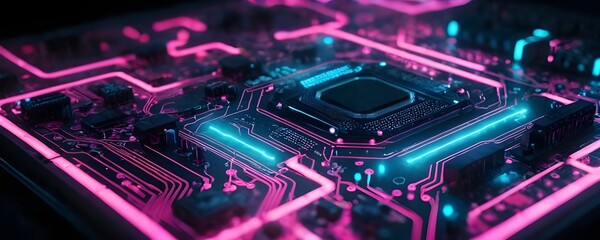 Obraz premium Computer Motherboard With Pink and Blue Neon Lights, electronic circuit board