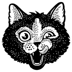 Cat head face sketch engraving PNG illustration. T-shirt apparel print design. Scratch board imitation. Black and white hand drawn image.