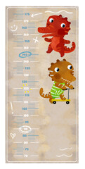 cartoon scene with height measurement for kids with happy play scene with some animals dino dinosaurs prehistoric friends happy togehter illustration