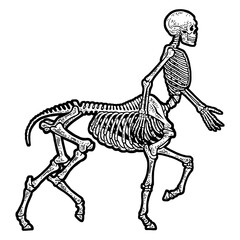 Centaur skeleton sketch engraving PNG illustration. T-shirt apparel print design. Scratch board imitation. Black and white hand drawn image.
