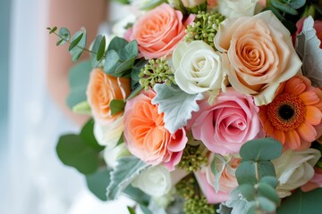 Obraz premium Close-up of a wedding bouquet with a mix of roses and gerbera flowers