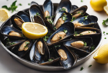 Cooked mussels arranged in a steel tray with lemons in the middle