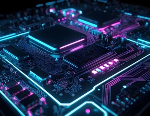 Fototapeta premium Computer Motherboard With Pink and Blue Neon Lights, electronic circuit board