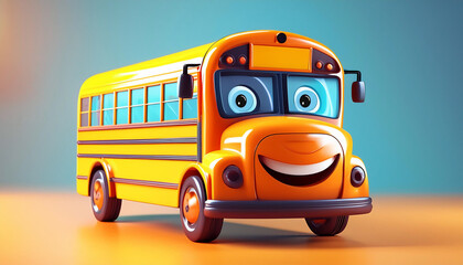 Cute cartoon style 3d character school bus for children with smiley face.
