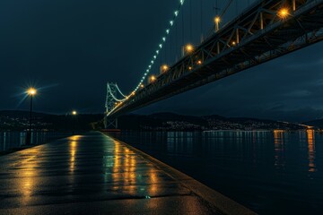 Fototapeta premium Wet promenade leading to a lit suspension bridge under a cloudy night sky, with lights reflecting on water