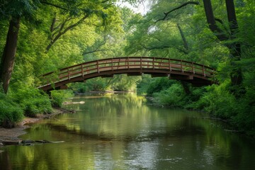 Tranquil scene with a wooden bridge arching over a calm river surrounded by lush green trees