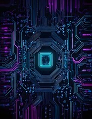 Fototapeta premium Computer Motherboard With Pink and Blue Neon Lights, electronic circuit board