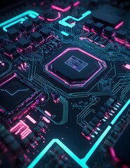 Fototapeta premium Computer Motherboard With Pink and Blue Neon Lights, electronic circuit board
