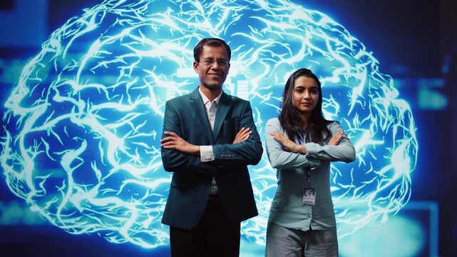 Portrait of smiling team of technicians implementing artificial intelligence parallel processing, breaking up complex computational tasks enabling AI systems to process data faster, camera B