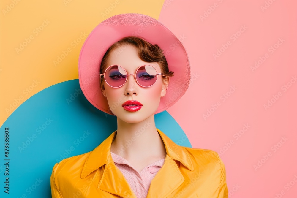 Sticker Stylish young woman in a vibrant pink hat and sunglasses isolated on a multicolored backdrop