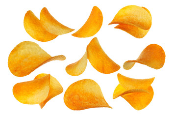  Set potato chips with red paprika flying, isolated on white, clipping path