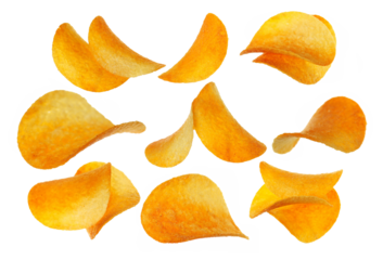  Set potato chips with red paprika flying, isolated on white, clipping path