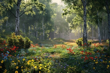 Obraz premium A beautiful forest glade filled with colorful wildflowers and dappled sunlight, creating a peaceful and enchanting scene.