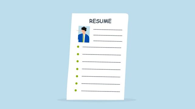 Lying on resume CV to get hired, 4k animation of CV with photo of reclining Pinocchio with long nosed businessman.