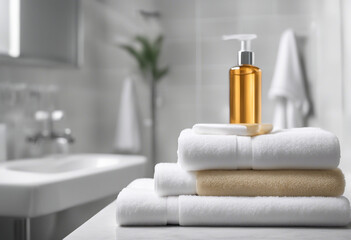 luxury hotel towels and shampoos, isolated white background