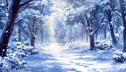 Anime winter forest background, anime style cartoon