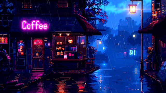 Animated cozy coffee shop exterior with neon lights in the rain at night. Lofi animation background concept