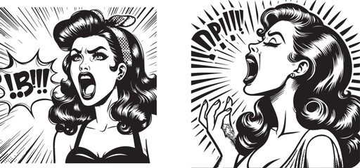 pin-up girl screams, vintage comic style, black vector, beauty woman cartoon print, retro silhouette pinup illustration