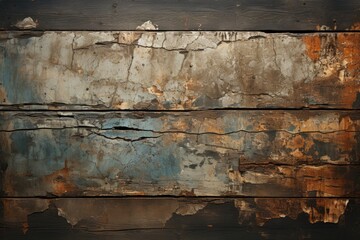 Texture, background of grunge with cracked metal wall and wooden floor, generative IA