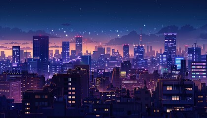 Cityscape at Night, anime style cartoon
