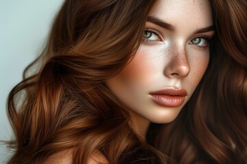 Naklejka premium High-resolution image capturing the detailed beauty of a freckled young woman with captivating eyes
