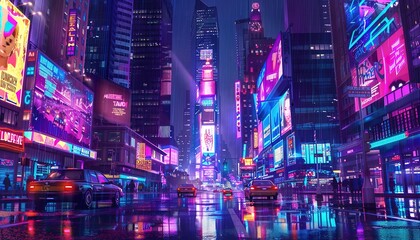 Cityscape at Night with Skyscrapers, Neon Lights