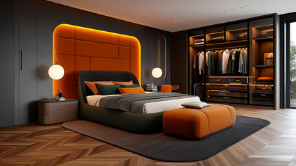 Modern master suite seating area, walk-in closet, luxury style, spacious and elegant, soft lighting