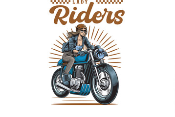 Vector Illustration of Cafe Racer Lady Rider with Vintage Illustration Available for Tshirt Design