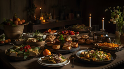Fototapeta premium A table full of gourmet food in an organised and elegant way with candles and beautiful colours.