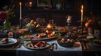 Fototapeta premium A table full of gourmet food in an organised and elegant way with candles and beautiful colours.