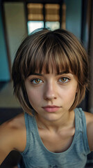 Fototapeta premium Close Up of Beautiful Woman with Pageboy Bob Cut Brown Hair Grey Tank Top