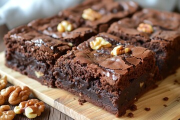 Freshly baked chocolate brownies with walnuts on top served on a rustic wooden board