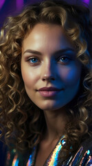 Fototapeta premium Extremely Happy Curly Blonde Hair Young 1980's Retro Woman in Shiny Holographic Reflective Jacket on Black Background