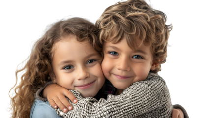 Friendship Day, two children hugging each other affectionately, isolated on a white background