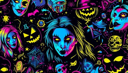Fototapeta premium Contemporary halloween collage art with witches, spiders, cauldrons, and vibrant neon colors