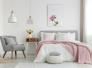 Sleek white bedroom with floral print poster, pastel pink bed linen and bohemian carpet on the floor, grey armchair near wooden nightstand with 