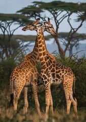 Obraz premium In the vast savannas of Africa, where the swaying golden grasses dance in the gentle breeze, the giraffe stands tall as a majestic emblem of grace and beauty.