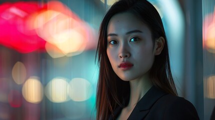 Subtle coloring and softly luminous Asian businesswoman, dark white and light crimson tones, 32k uhd