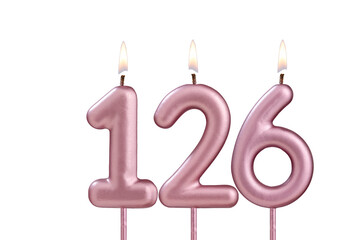 Candle number 126 - Lit birthday candle on white background