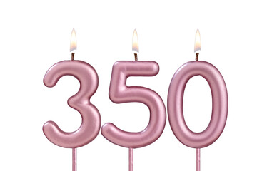 Candle number 350 - Lit birthday candle on white background