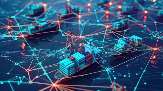 Abstract digital network with container ships, glowing lines, and nodes, network, global commerce connections
