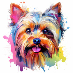 Bright watercolor colorfull yorkshire terrier isolated on white background. Funny dog  paint splash, hand draw. Colorfull drawing illustration