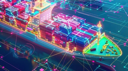 Container ship surrounded by a digital hologram network, showing shipping routes, cyberpunk, neon colors, high tech, detailed illustration