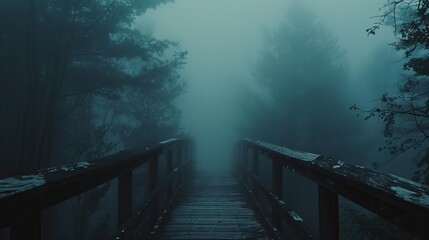 Fototapeta premium Eerie fog-shrouded forest with a lone wooden bridge, trees barely visible in the misty night, capturing a haunting, raw essence