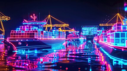 Container ships in a futuristic network with holographic interfaces, high-tech, neon colors, 3D visualization, maritime logistics innovation