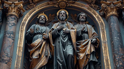 Obraz premium Intricately carved statues of three religious figures adorned with halos and robes in a richly decorated niche.