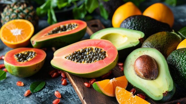 Halved papaya and avocado on a rustic cutting board, accompanied by other fruits, capturing raw and natural textures, vivid colors
