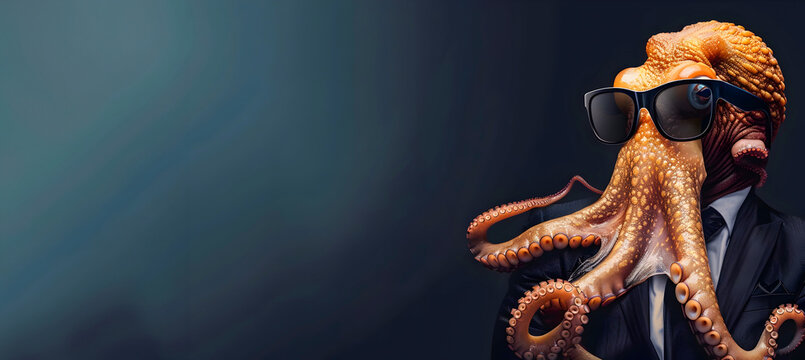 portrait of a fashionable and sophisticated octopus businessman wearing a suit and sunglasses against a dark background with ample copy space  This conceptual