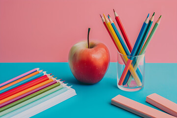 A variety of colorful school supplies including an apple, books, and colored pencils arranged on a blue and pink background. Ideal for back-to-school designs with copy space.