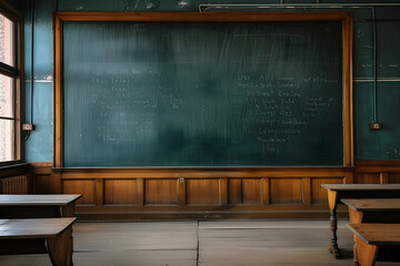 Vintage blank blackboard in an old school room with wooden desks, ideal for education-themed designs, historical or retro-style projects. Ample copy space available.